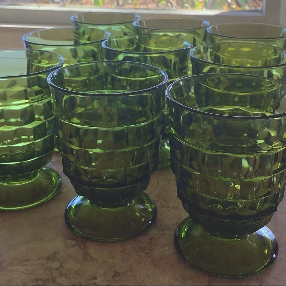 Vintage Green Footed Whitehall Cubist Juice Glasses